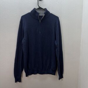 Mens 100% Cashmere Quarter Zip Sweater Navy Blue Elbow‎ Patch Mock Neck Pullover